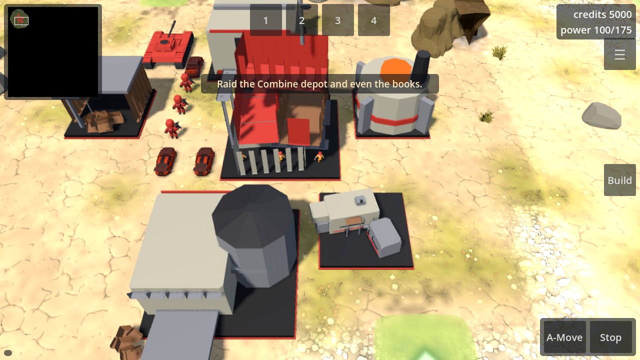 Close view of Redneck infantry and buggies between a barracks, a factory, and a refinery